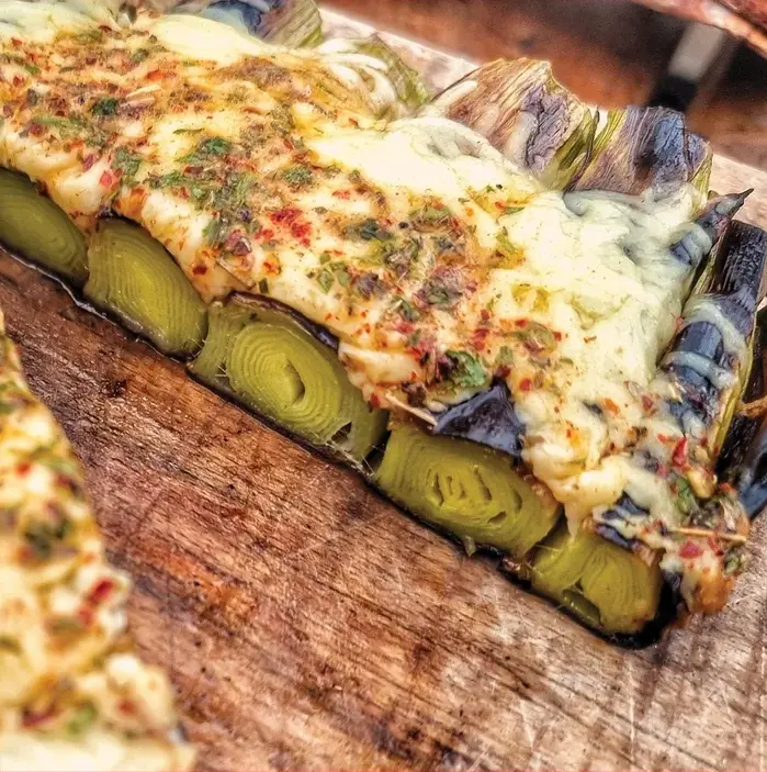 This is a wonderful vegetarian alternative to the sausage rafts that were in my Skewered book. But equally delicious with the charred leek smothered with melty cheddar cheese and chimichurri. A truly delicious combination.