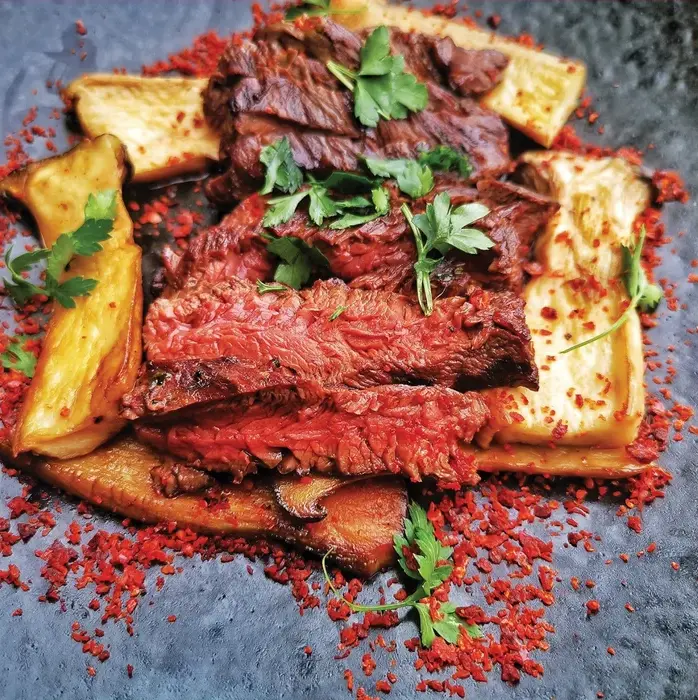 A hanger steak can sometimes be hard to get hold of – the butcher or abbatoir often keep them for their lunch! Here I pair them up with some delicious king oyster mushrooms cooked in butter and a lovely herby baste.