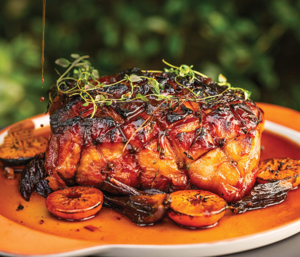 This glaze is ideal for pouring over precooked and studded ham to create a wonderfully sticky, bitter-sweet and tangy glaze that will caramelise and crisp with a few darker edges.