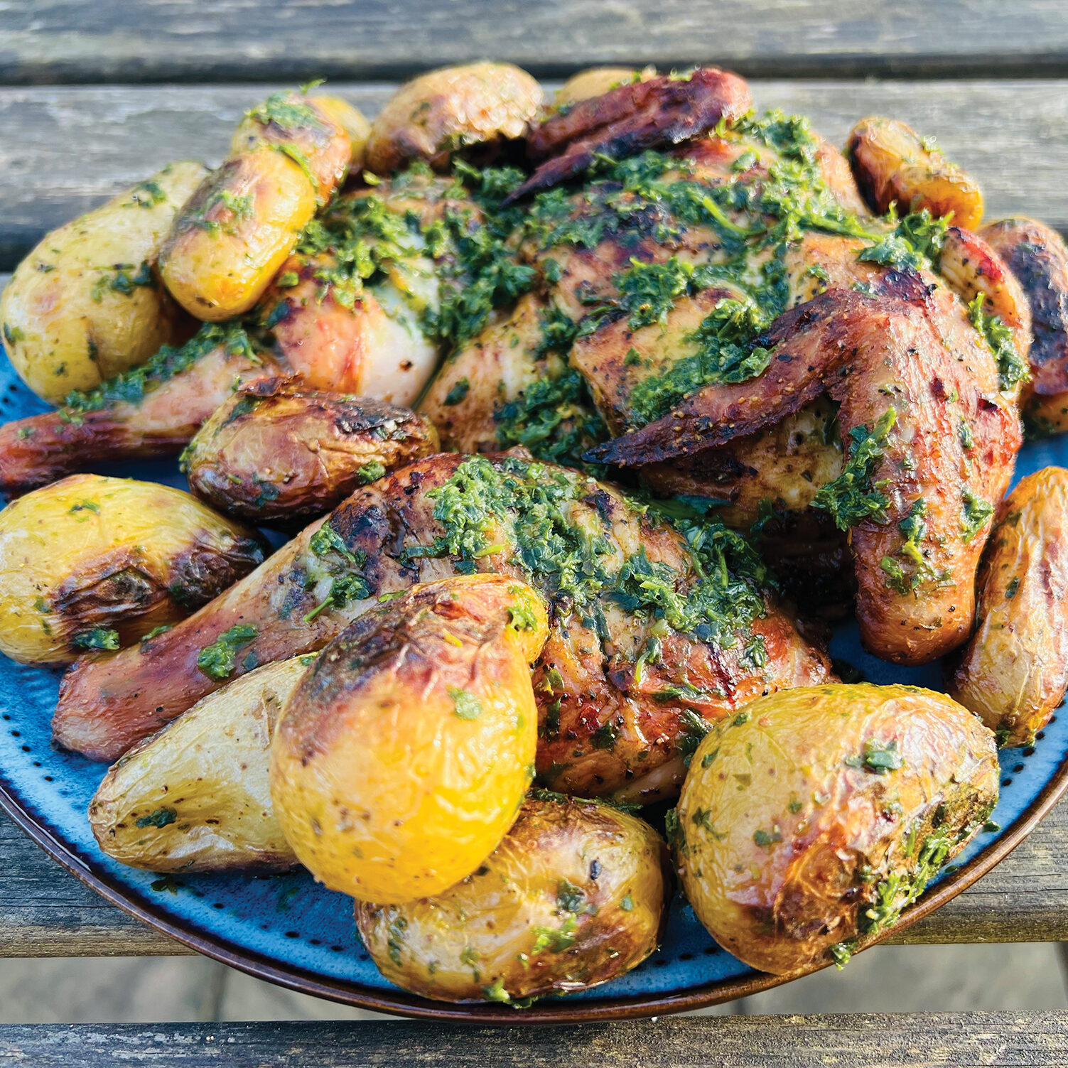 Spatchcock Chicken with New Potatoes and Wild Garlic Salsa Verde