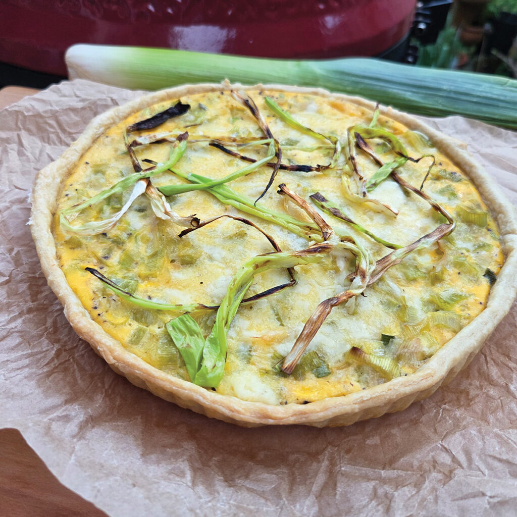A delicious creamy, cheese and leek filled pastry case, perfect for those lazy days when we can eat alfresco. A slice will be perfect for your lunch box too. You need to bake the pastry base blind first but this can be done on the BBQ too. Any leftover pastry, mix in some grated cheese & smoked paprika to make cheese straws.